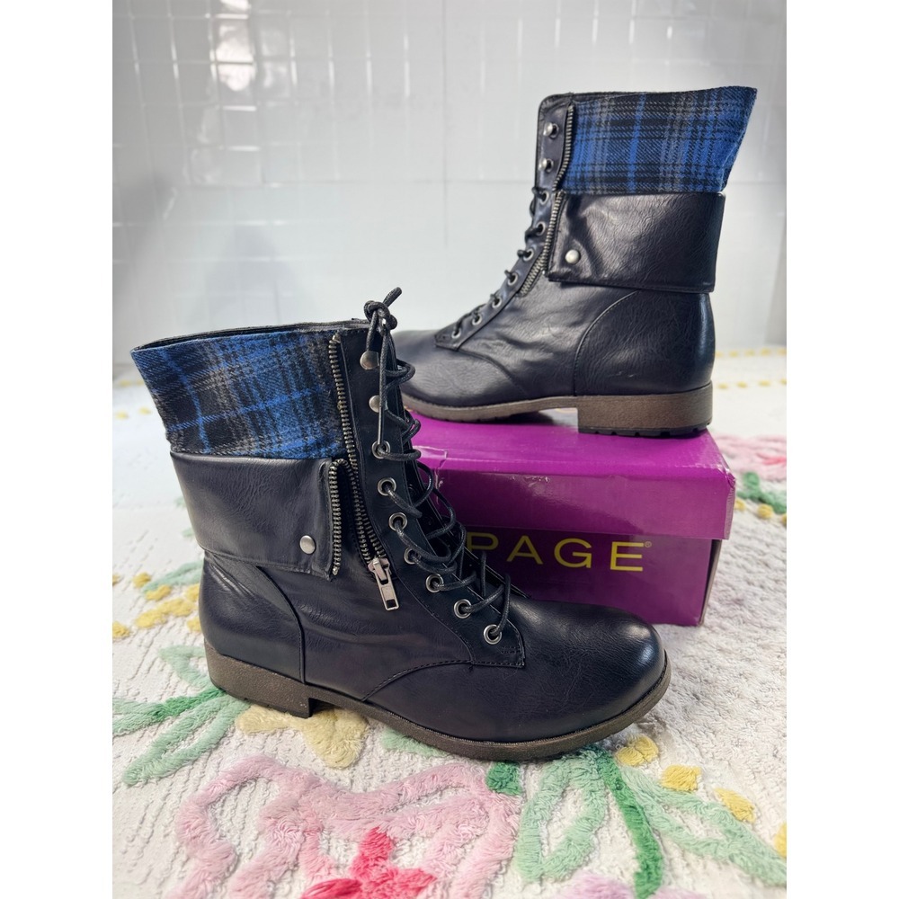 Rampage Jaggup Black Combat Boots Plaid Fold Over Lace Up Ankle Boots WF0015 10M